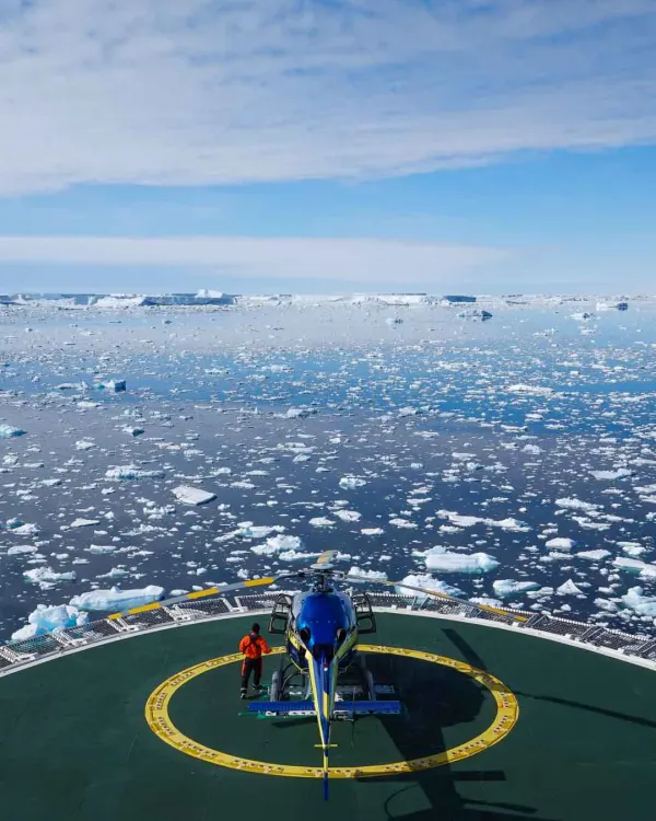 View from the helideck of an expedition ship over Antarctic pack ice