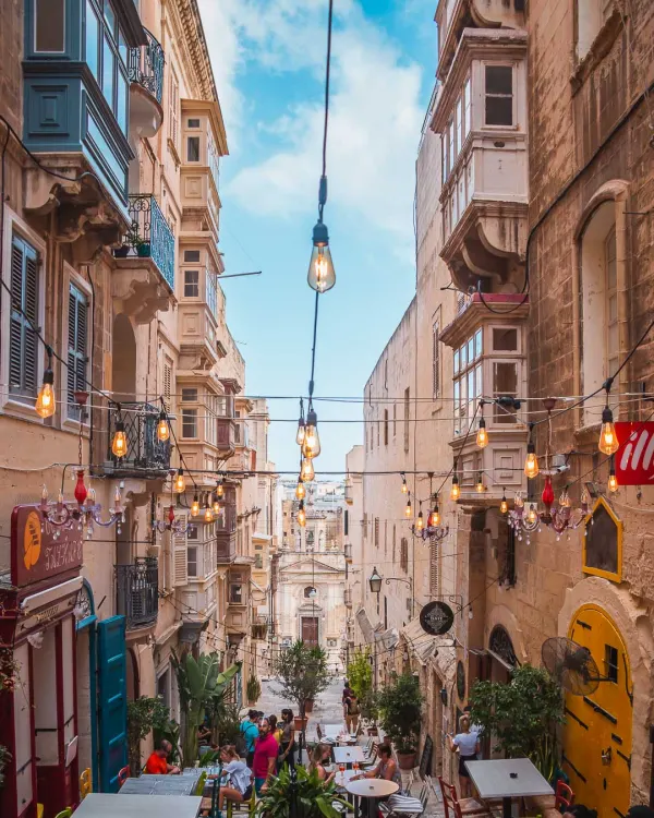 Lane with colourful wooden balconies in Valletta, Malta