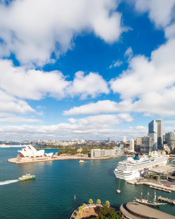 Sydney harbour with the Opera House and a cruise ship at the terminal