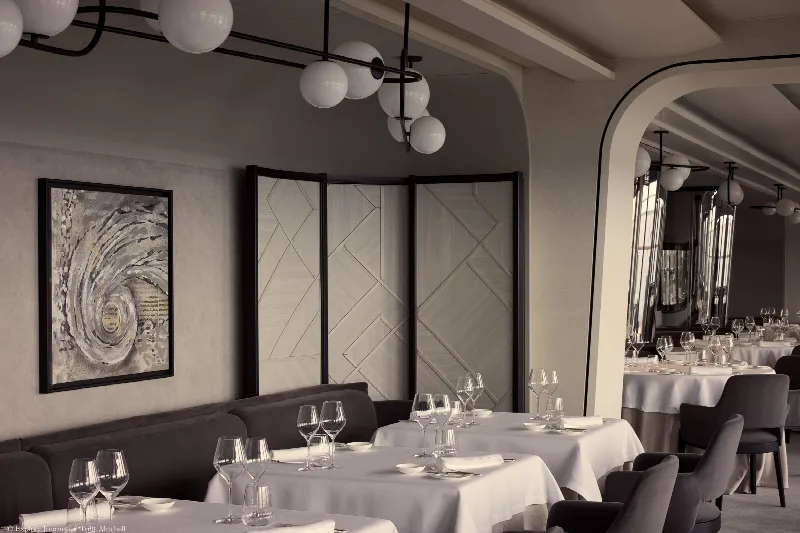 Laid tables in the Anthology restaurant on board Explora I