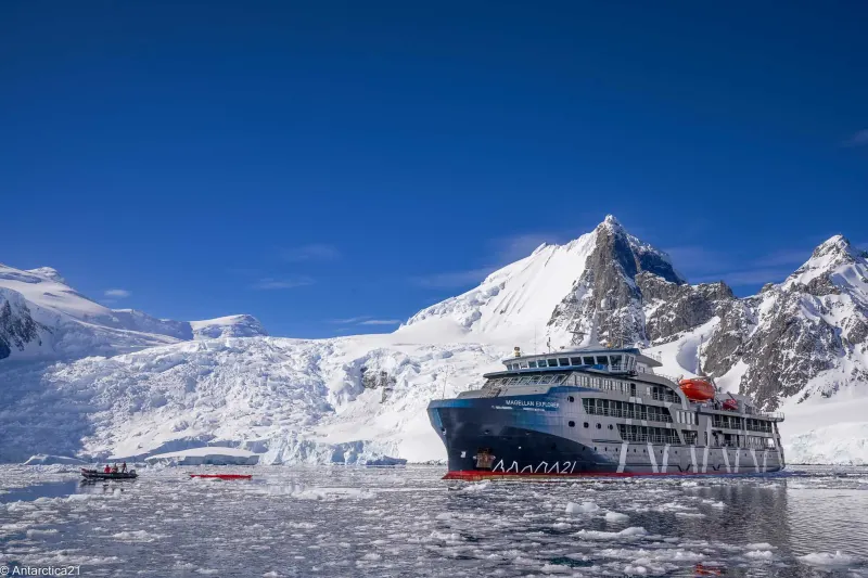 Magellan Explorer of Antarctica21 below Antarctic glaciers and mountains