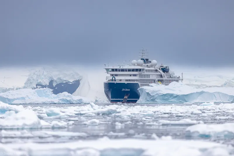 SH Diana of Swan Hellenic among icebergs in Antarctica